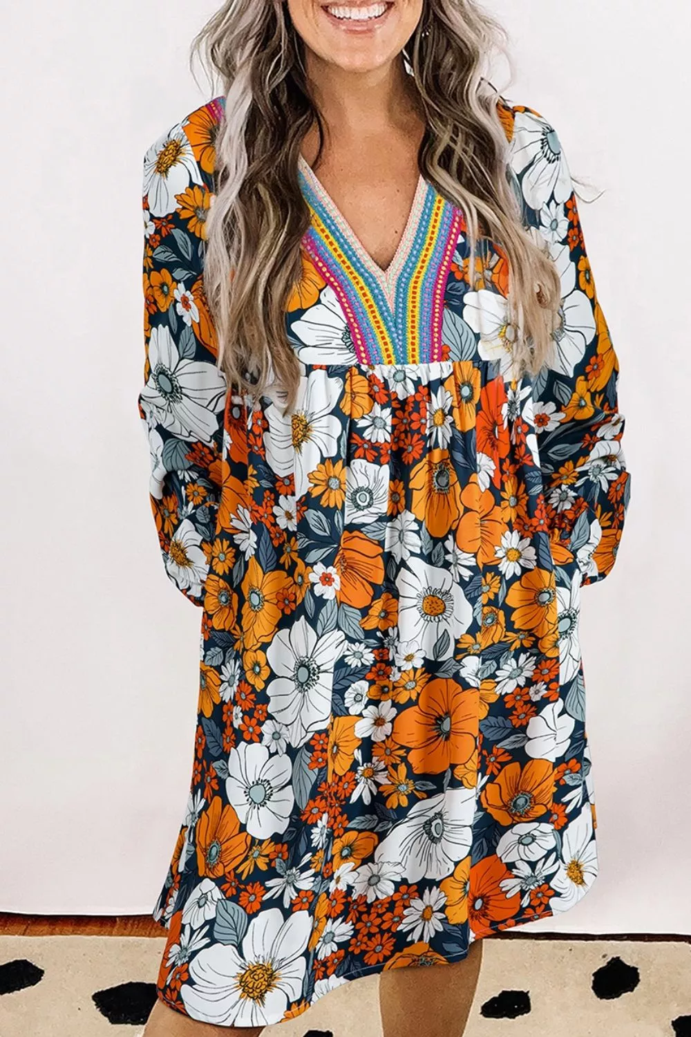 Boho Floral Print V-Neck Mini Dress with Pockets, image 8