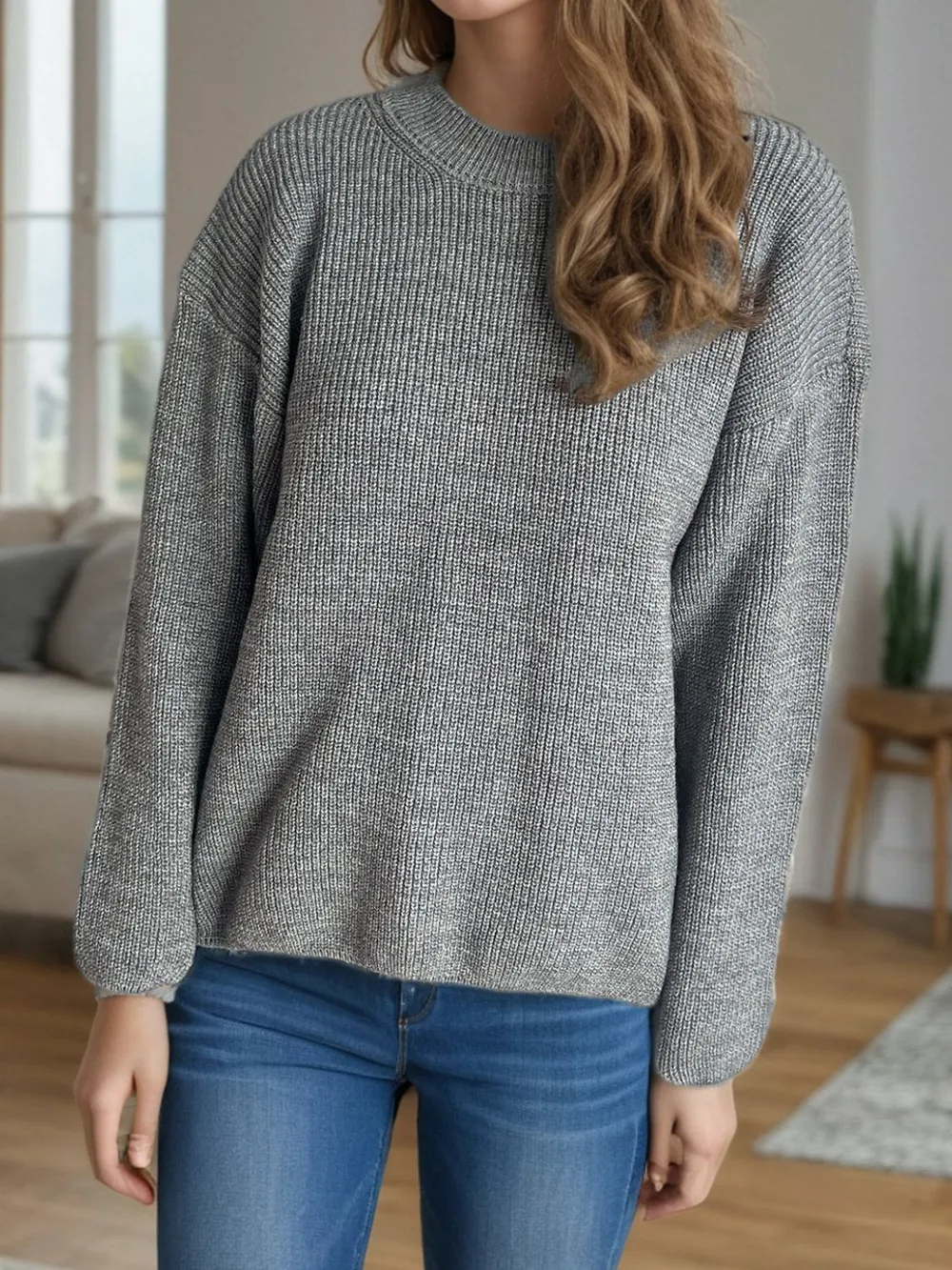 Solid Color Round Neck Long Sleeve Sweater, image 3