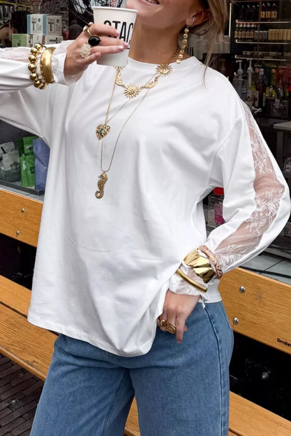 Lace Patchwork Round Neck Long Sleeve Top, image 5