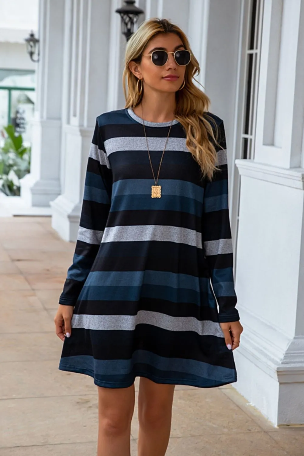 Striped Round Neck Long Sleeve Dress, image 12