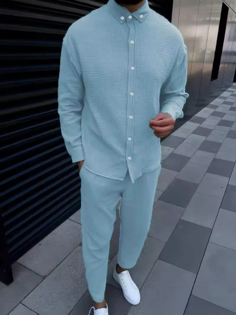 Men's Button Down Long Sleeve Shirt and Pants Set, image 4