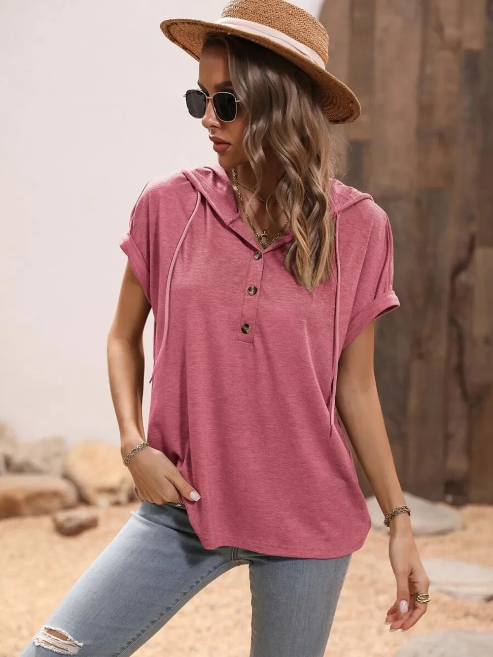 Half Button Hooded Short Sleeve Blouse, image 18