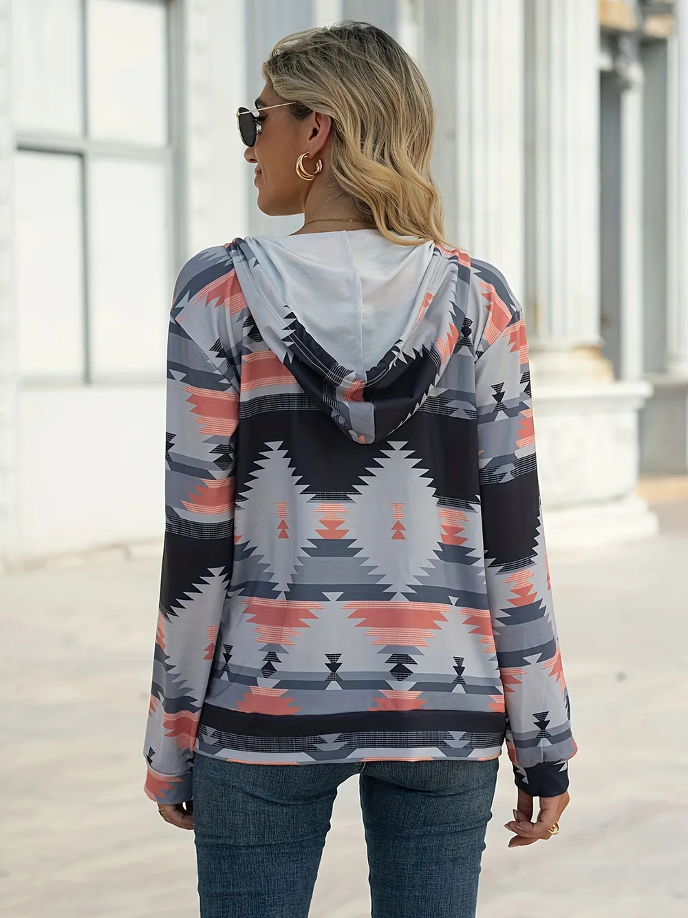 Geometric Zip Up Long Sleeve Hooded Jacket, image 21