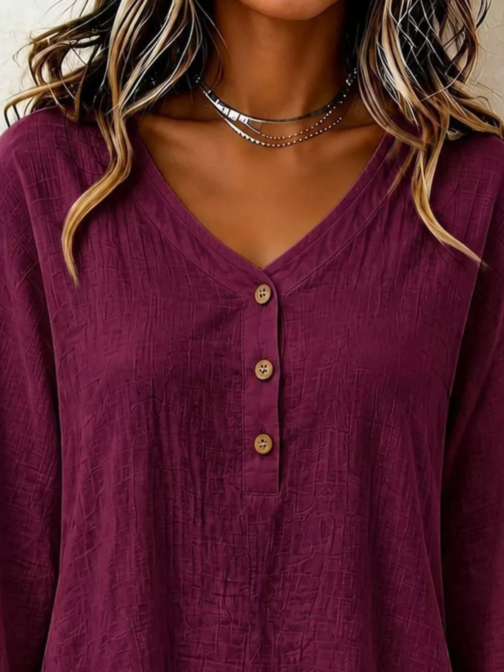 V-Neck Long Sleeve Button Detail Ruffled Hem Blouse, image 18