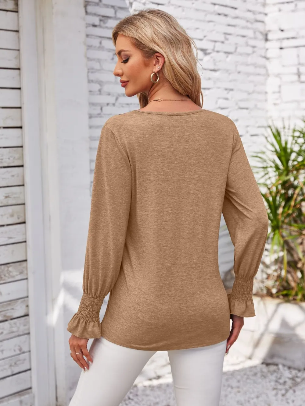 Smocked V-Neck Long Sleeve Blouse, image 18