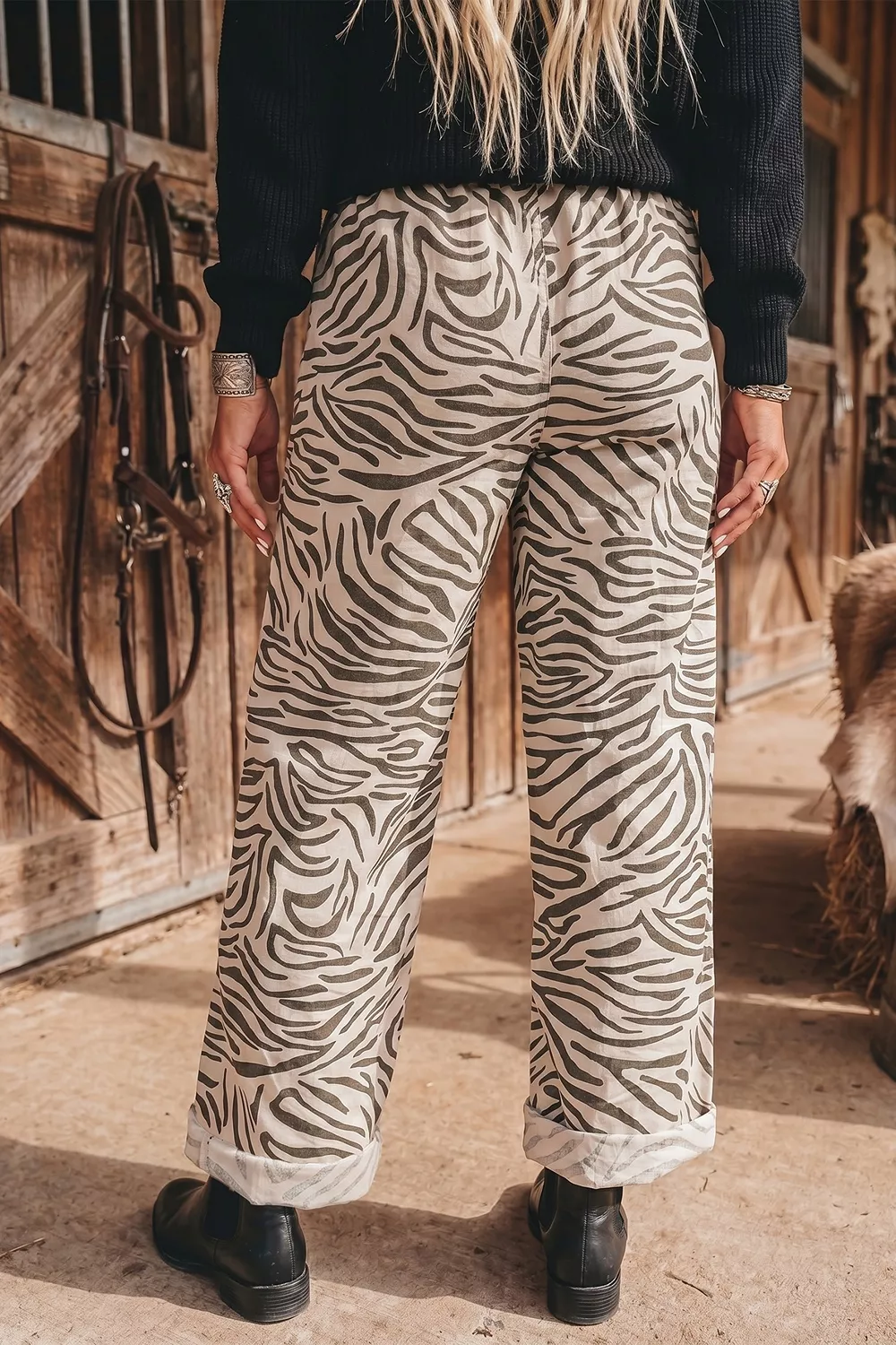 Multicolour Western Print Zebra Pattern Elastic Waist Pocket Pants, image 2