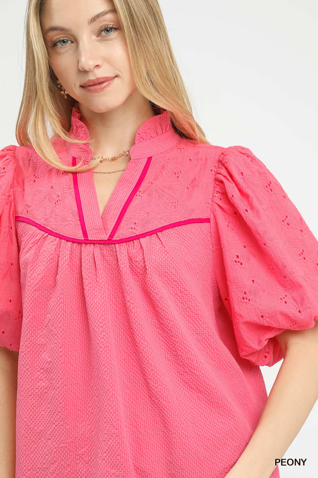 Puff Sleeve Eyelet Mix Top with Contrast Piping, image 5