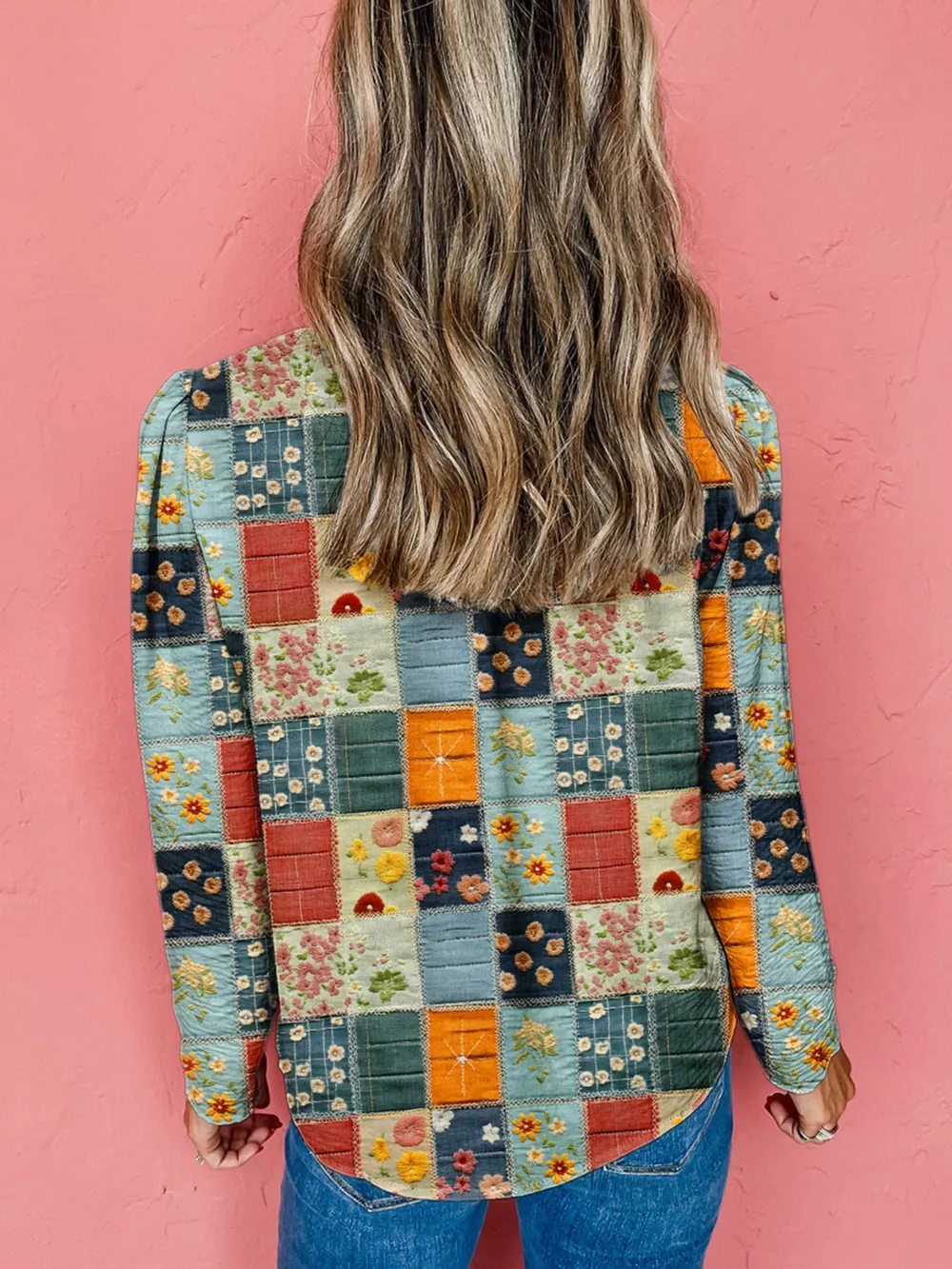 Floral Half Placket Notched Blouse, image 2