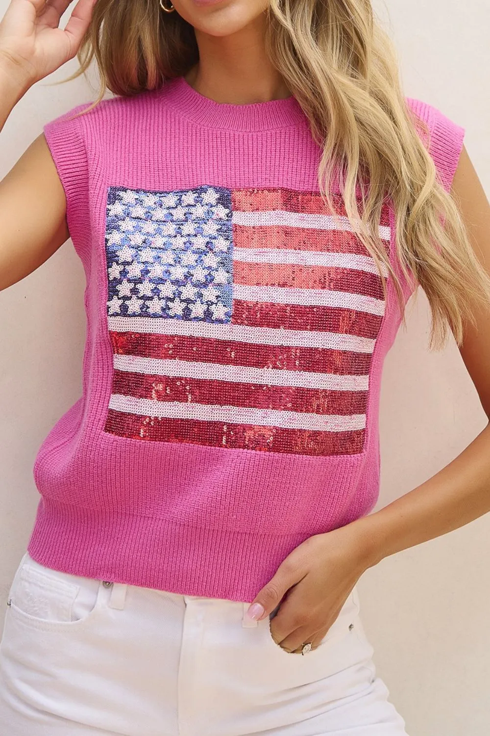 Sequin US Flag Round Neck Sweater Vest, image 10