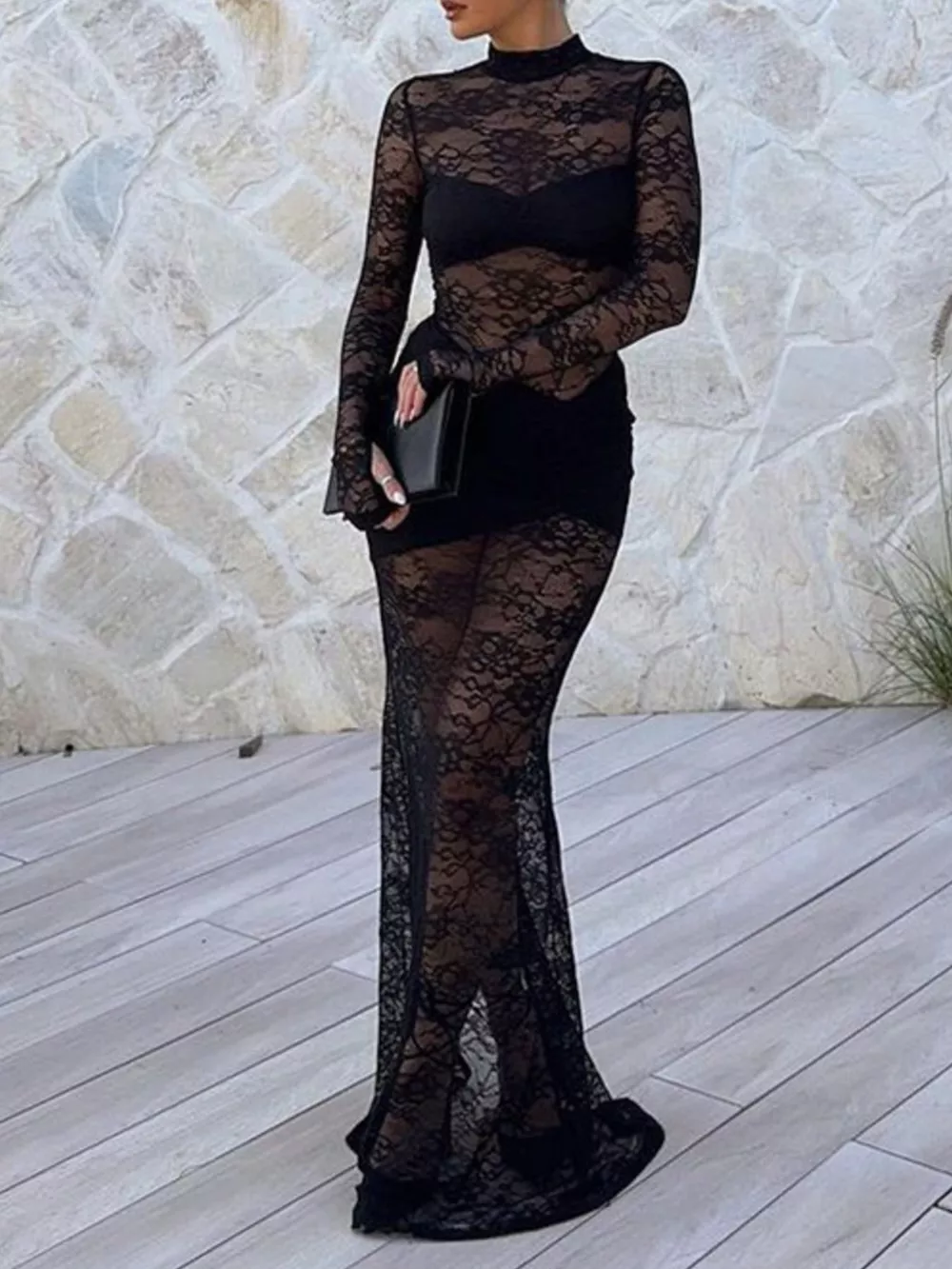 Lace Sheer Mock Neck Long Sleeve Maxi Dress, image 3