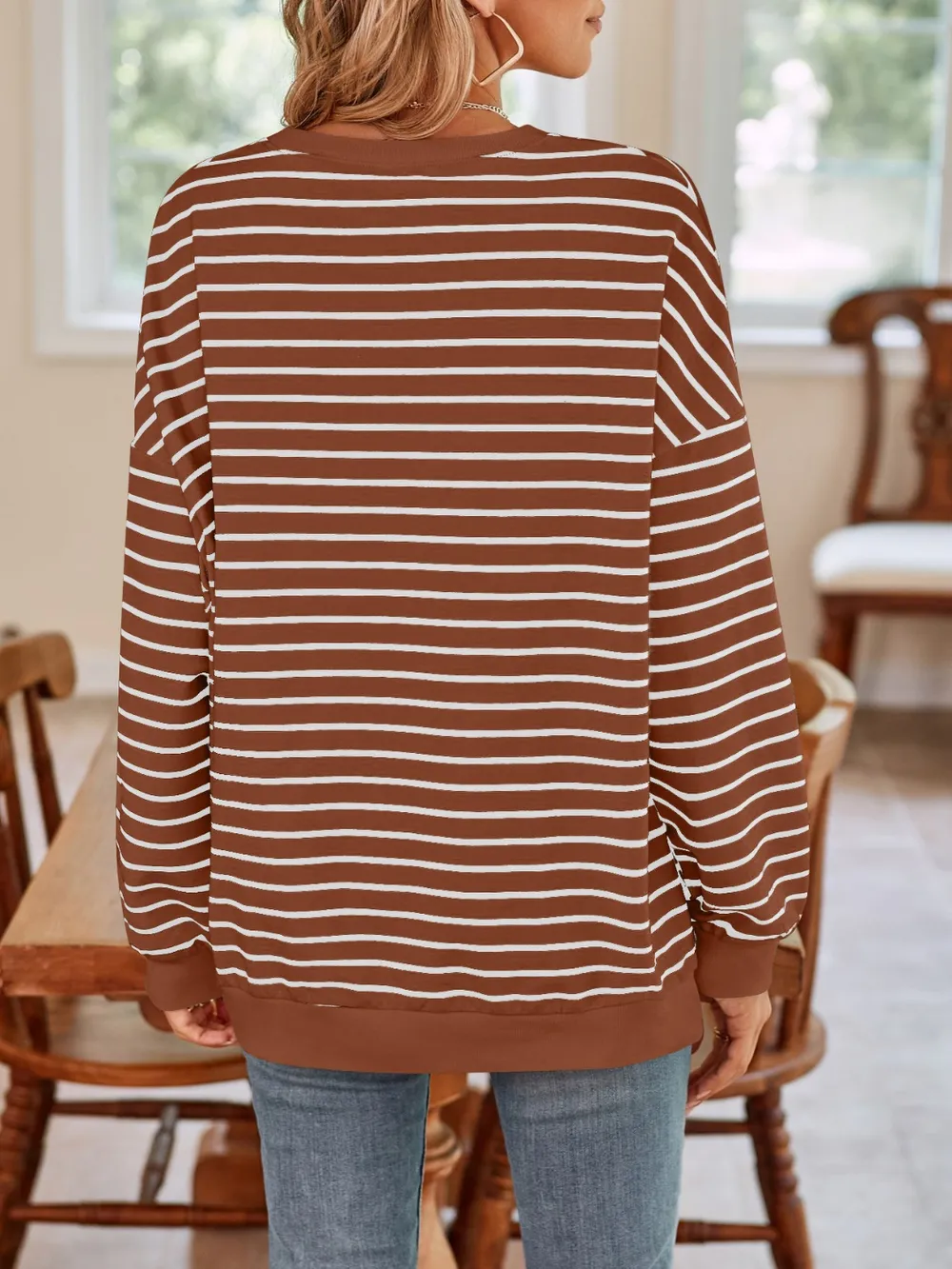 Striped Round Neck Long Sleeve Sweatshirt, image 24
