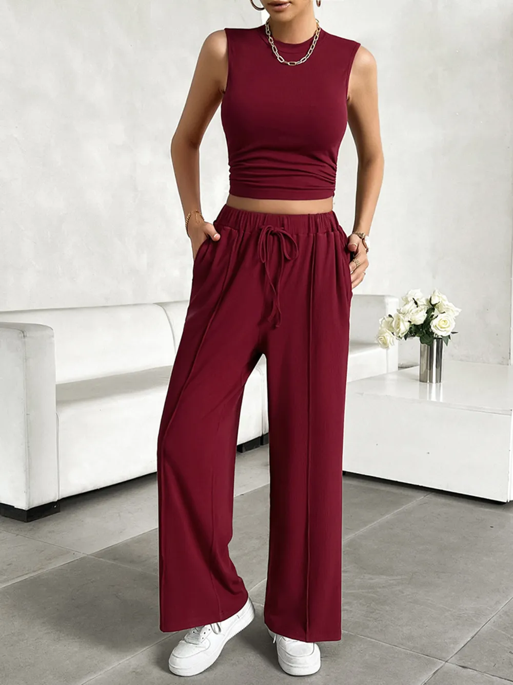 Mock Neck Sleeveless Top and Drawstring Pants Set, image 8