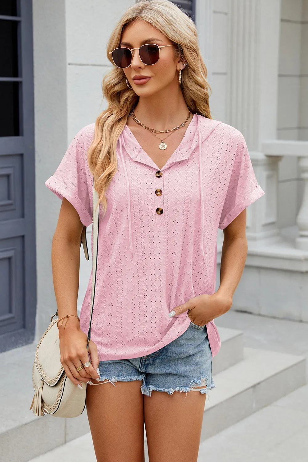 Eyelet Drawstring Hooded Short Sleeve Blouse, image 19