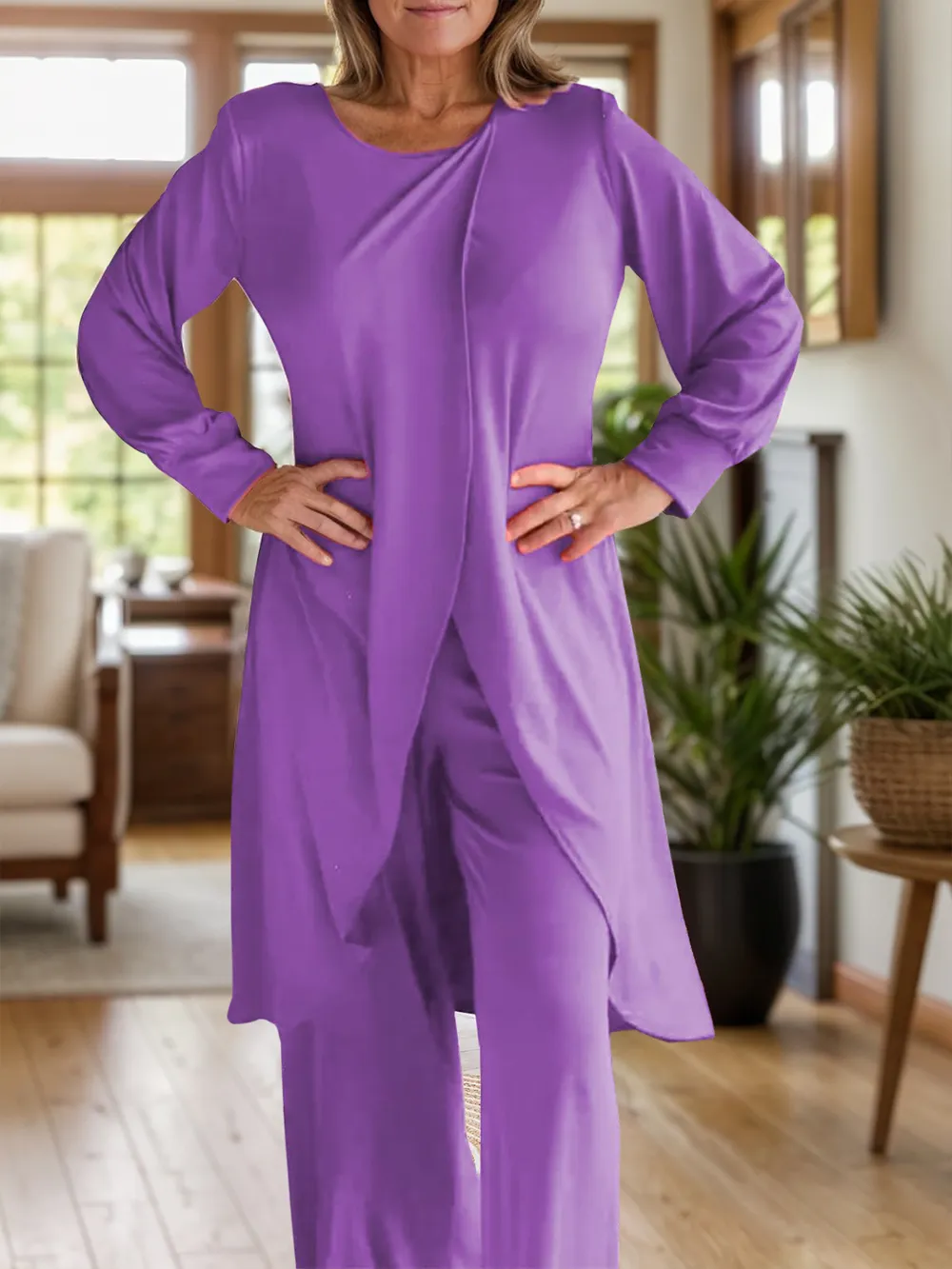 Full Size Slit Round Neck Long Sleeve Top and Pants Set, image 7