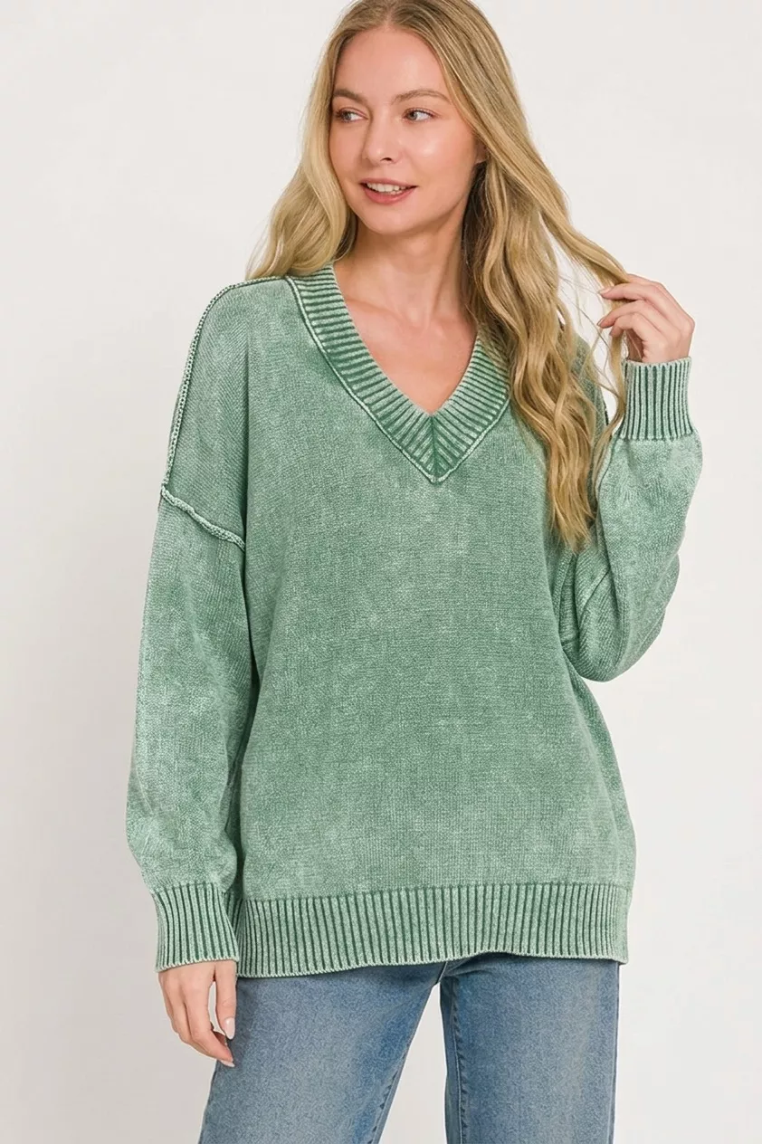 Zenana Washed Deep V-neck Oversized Sweater, image 2