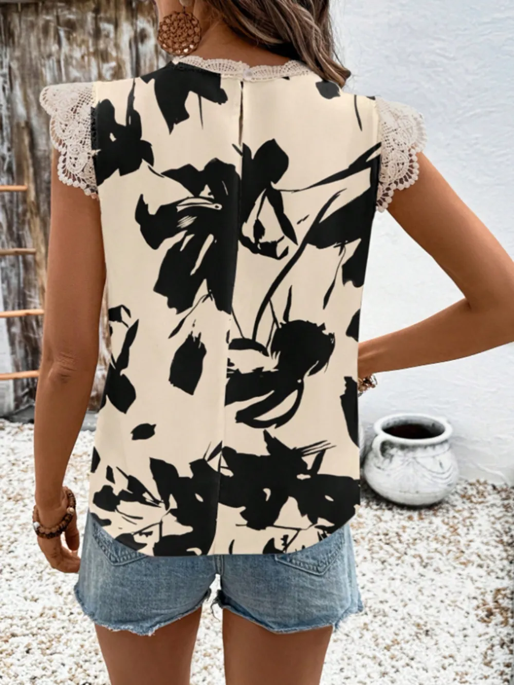 Lace Detail Printed Cap Sleeve Blouse, image 13