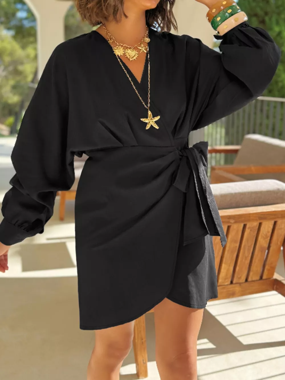 Plus Size Surplice Long Sleeve Wrap Mini Dress, image 10