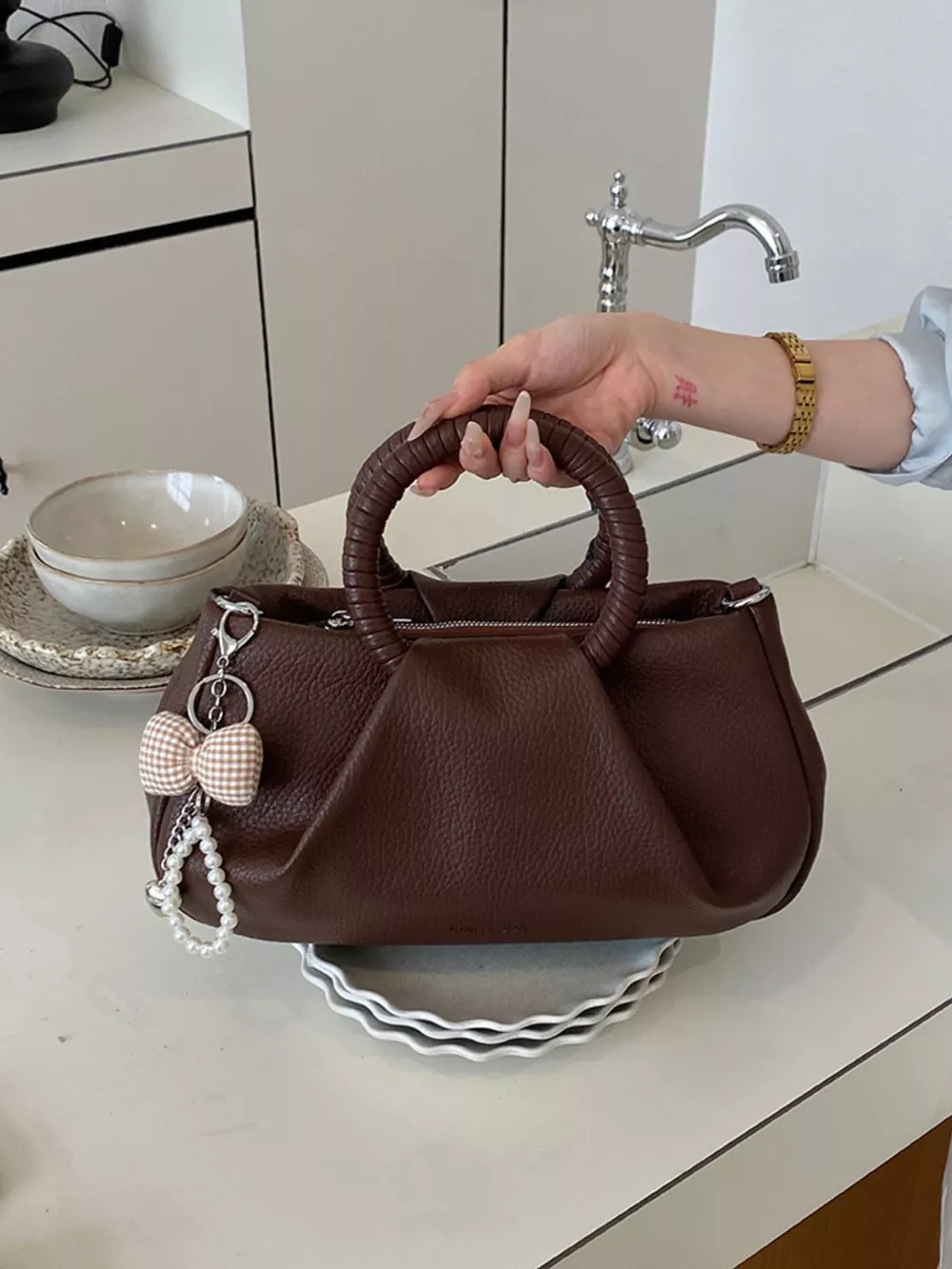 Top Handle Crossbody Bag with Pearl Bow Charm, image 6