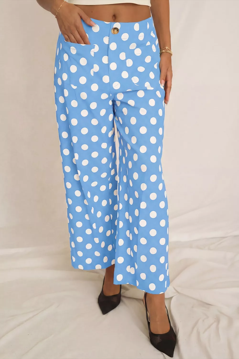 Polka Dot Print Patched Pocket Mid-rise Straight Leg Pants, image 5