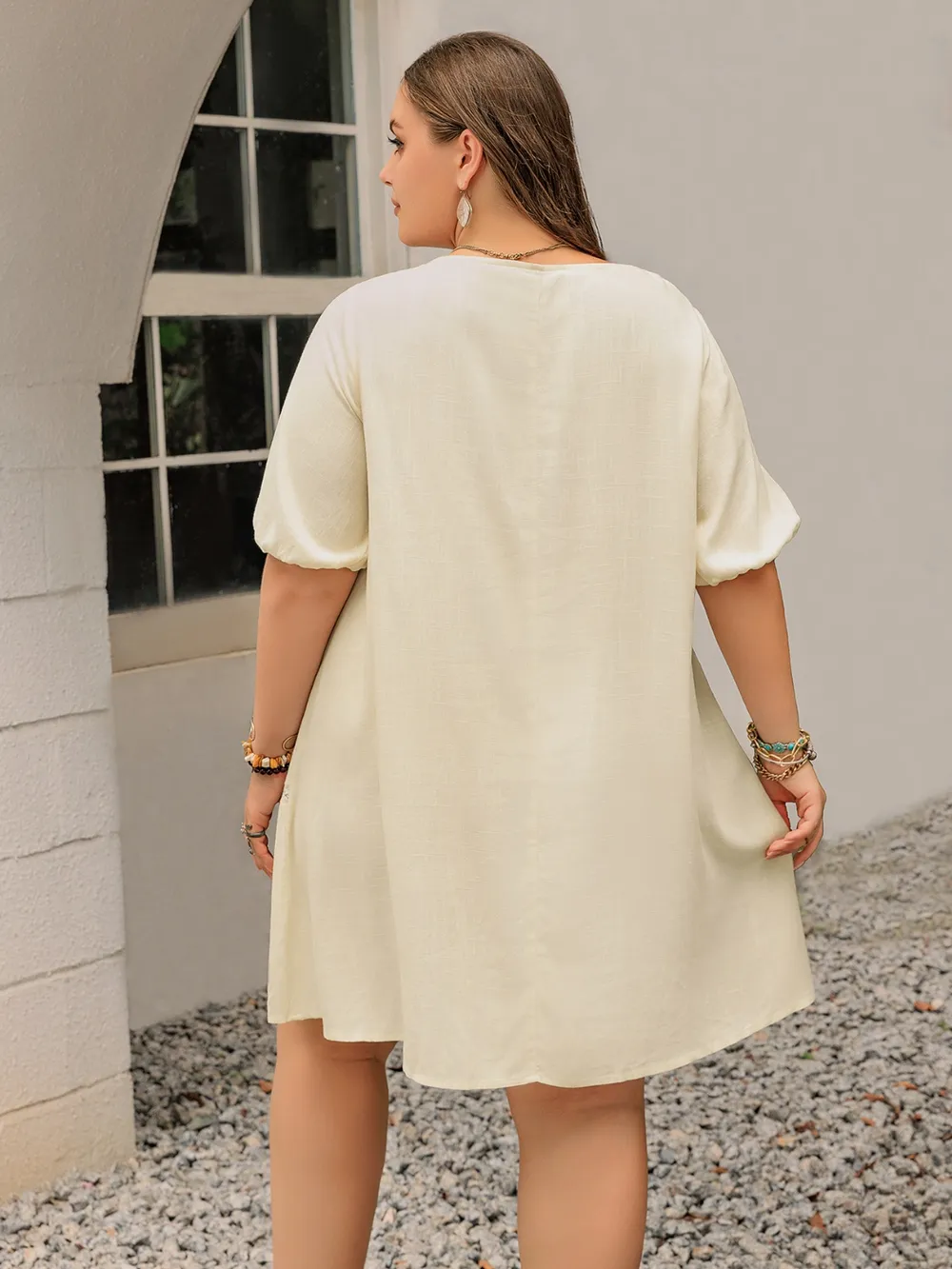 Plus Size Lace Detail Square Neck Puff Sleeve Mini Dress, image 8
