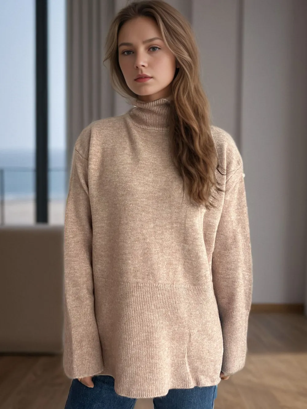 Side Slit Turtleneck Long Sleeve Sweater, image 2
