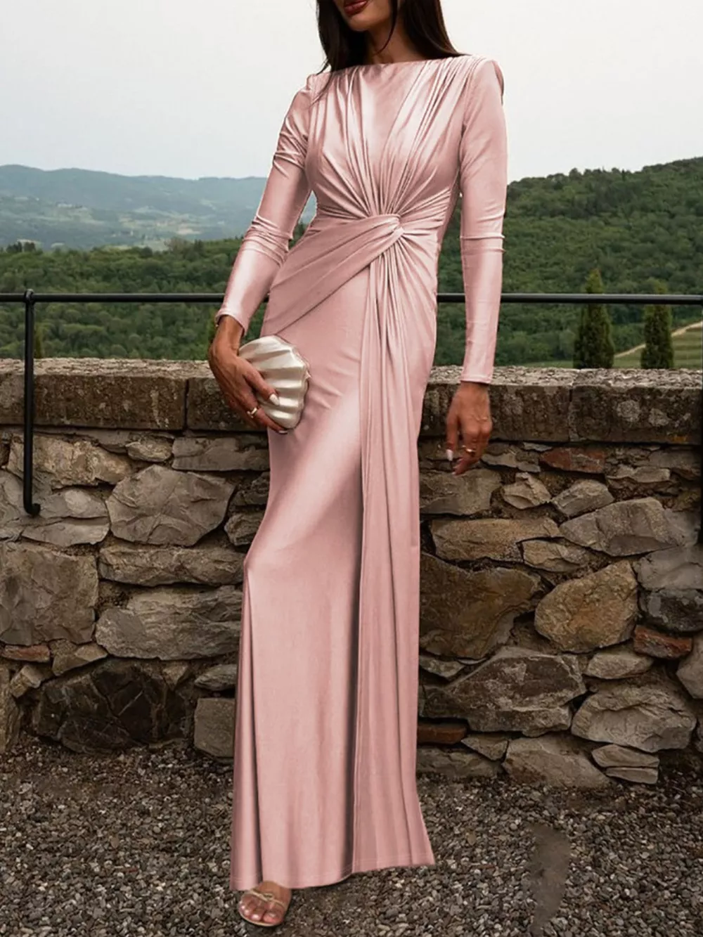 Ruched Knot Front Long Sleeve Maxi Dress, image 14
