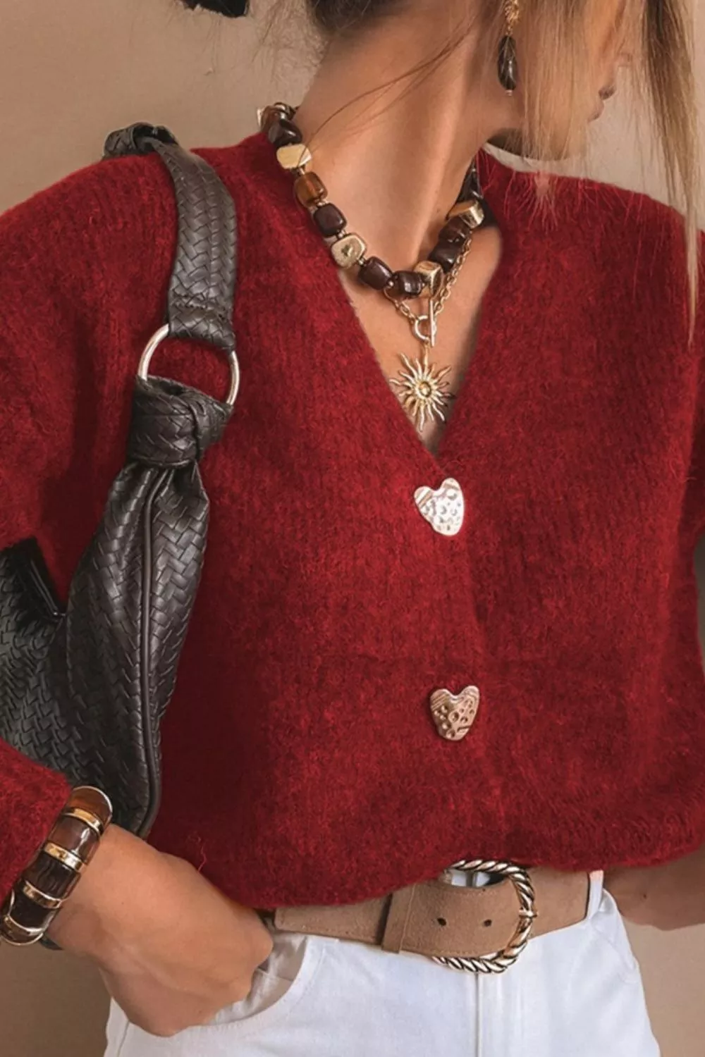 Heart Button Fuzzy Knit Cardigan, image 3