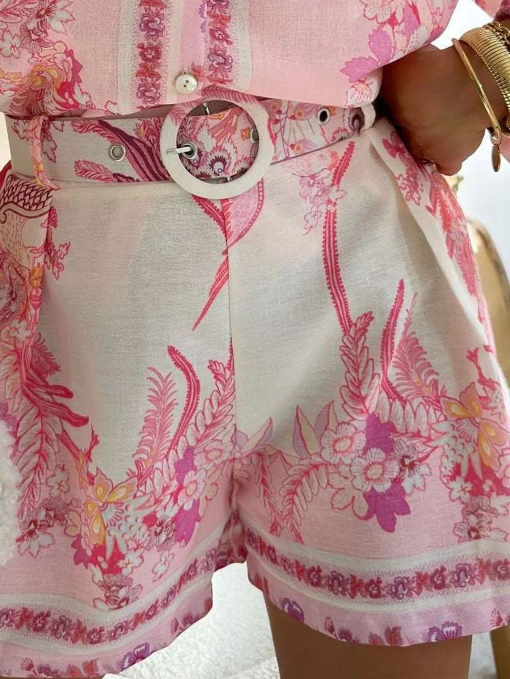 Floral Print Button-Down Shirt and Belted Shorts Two-Piece Set, image 3