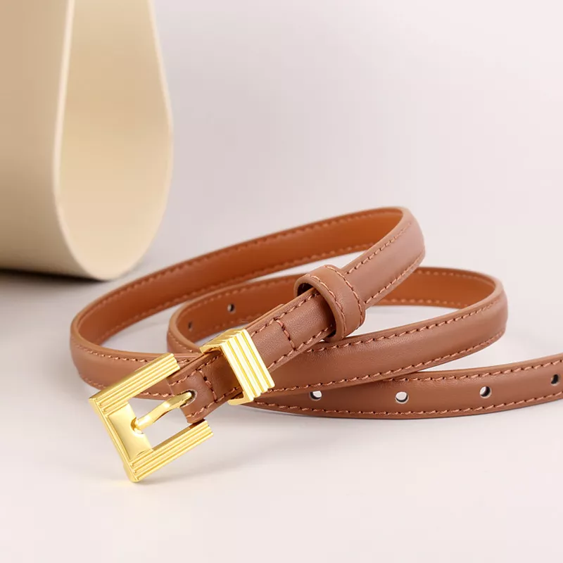 Skinny Leather Belt with Golden Buckle, image 5