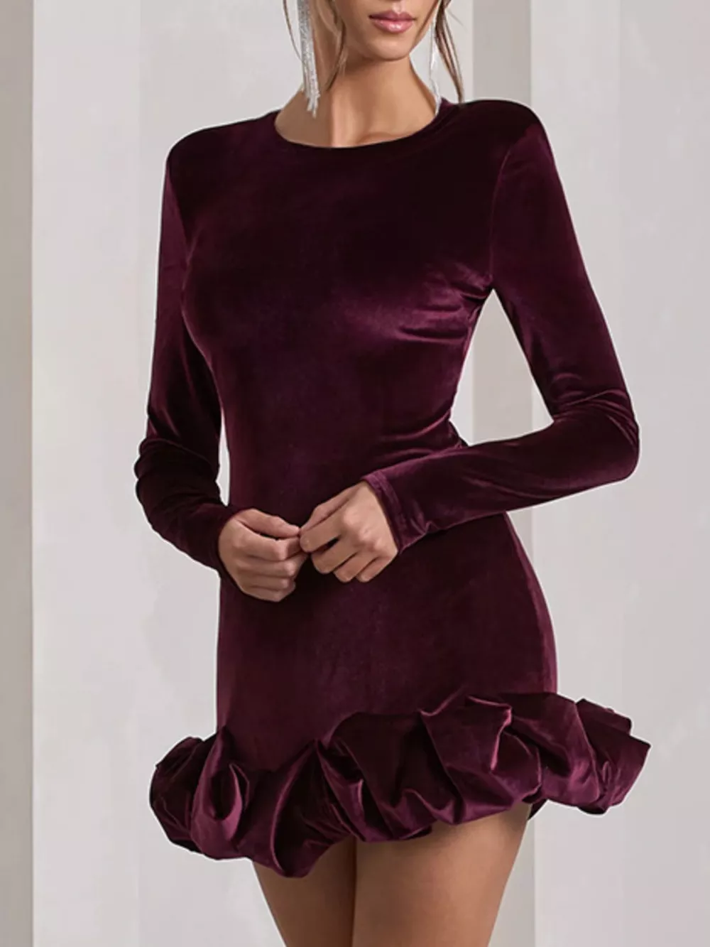 Velvet Ruched Hem Long Sleeve Dress, image 6
