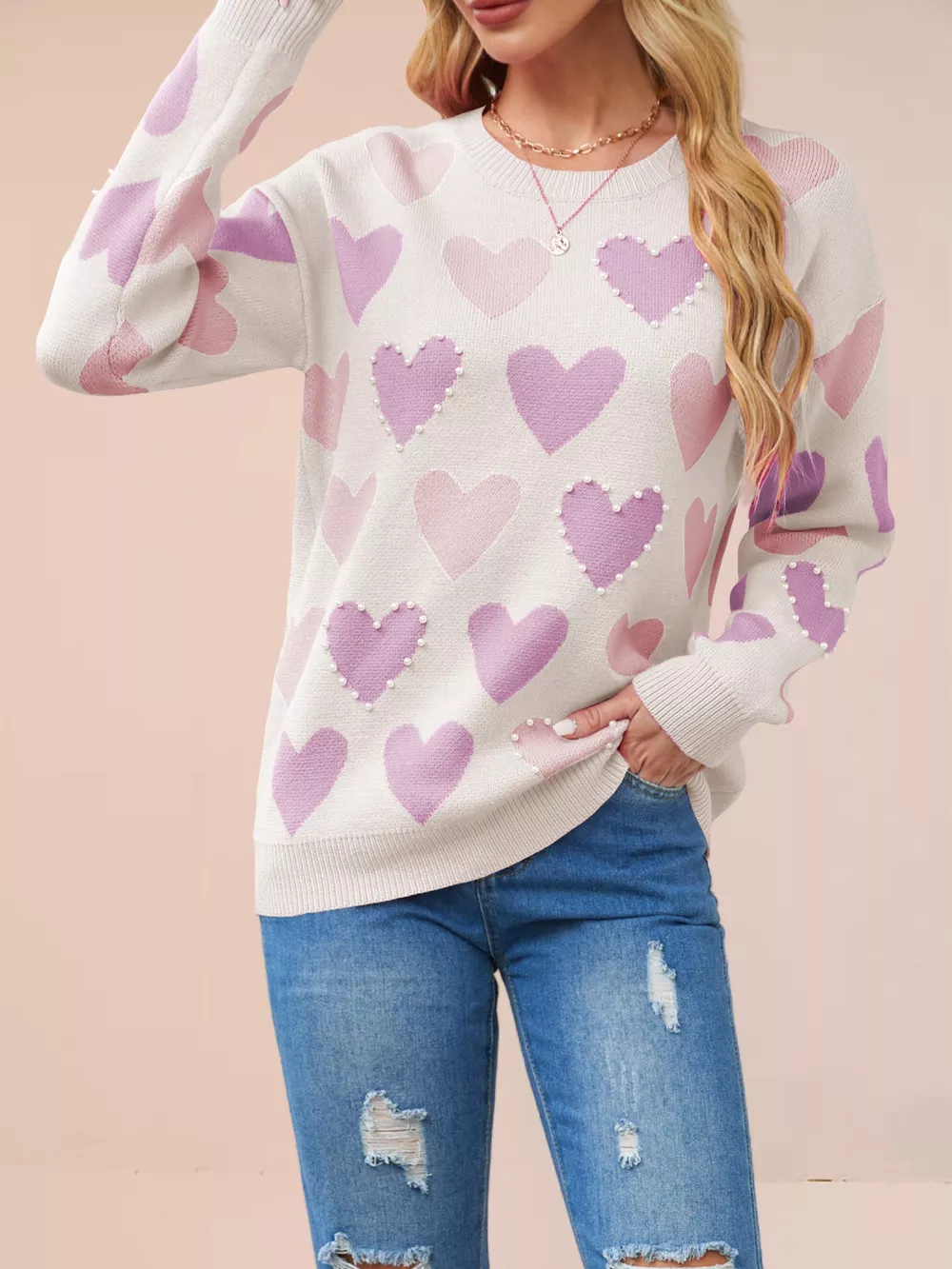 Heart Pattern Beaded Round Neck Sweater, image 5
