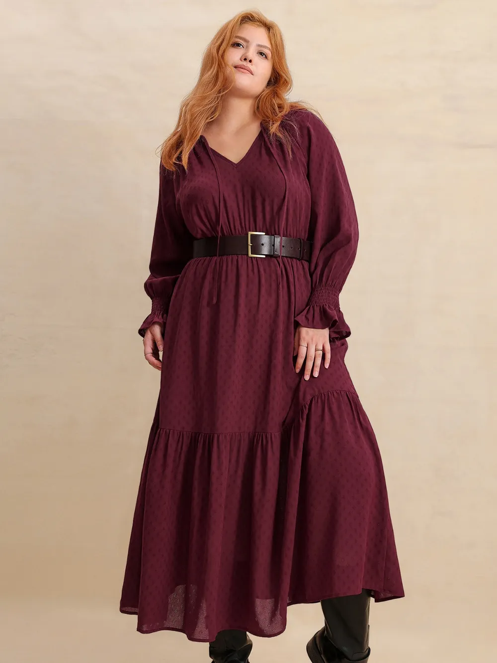 Plus Size Swiss Dot Tie Neck Flounce Sleeve Maxi Dress, image 8