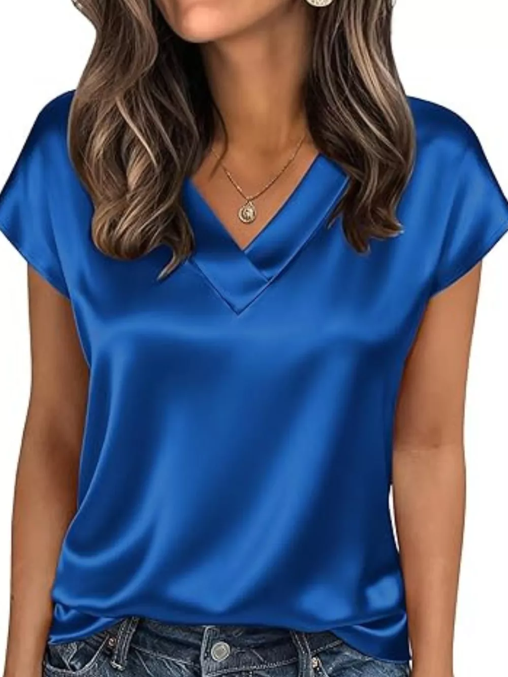 Satin V-Neck Short Sleeve Blouse, image 15