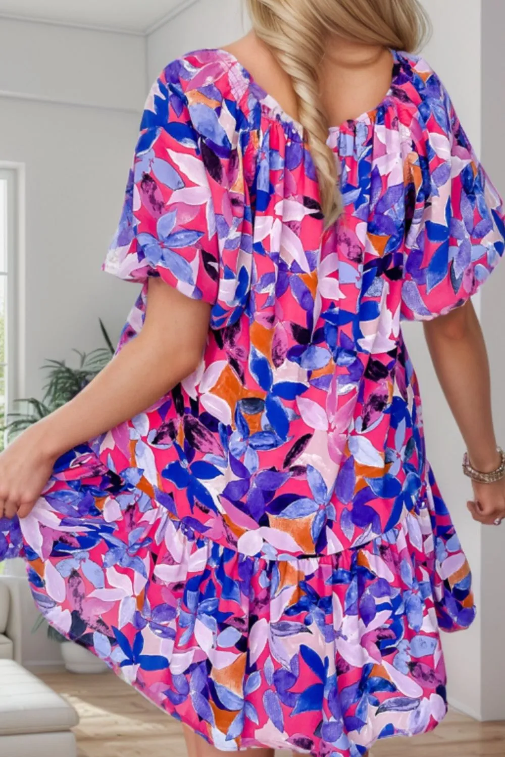 Printed Square Neck Short Sleeve Mini Dress, image 3