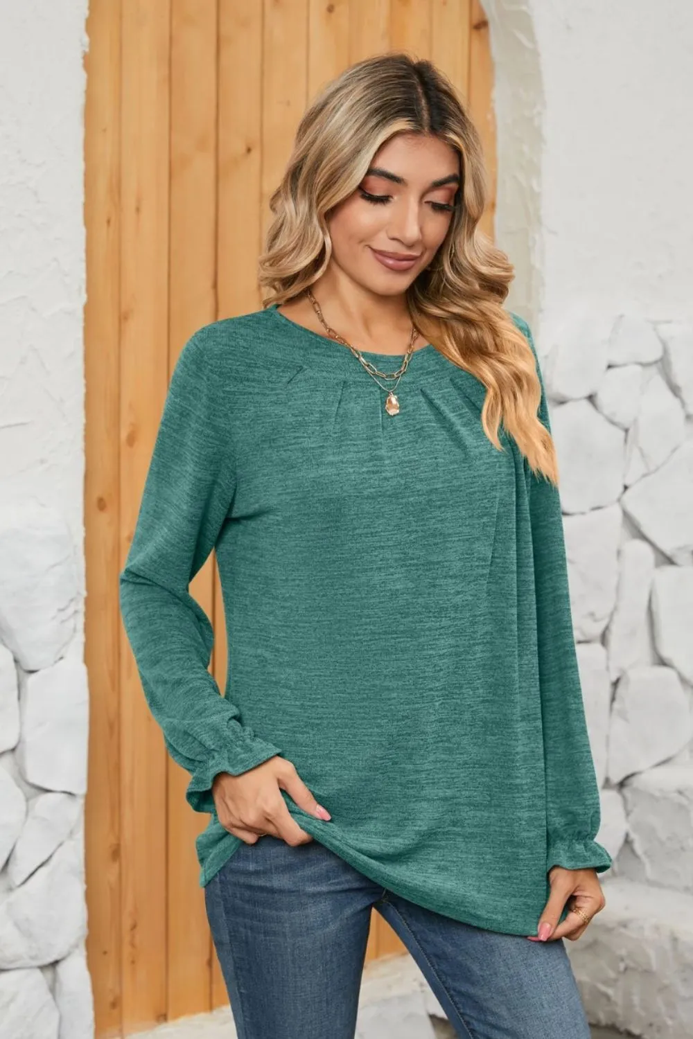 Ruched Round Neck Flounce Sleeve T-Shirt, image 17