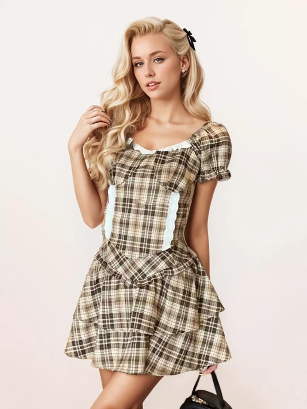 Plaid Puff Sleeve Top and Skirt Set, image 5
