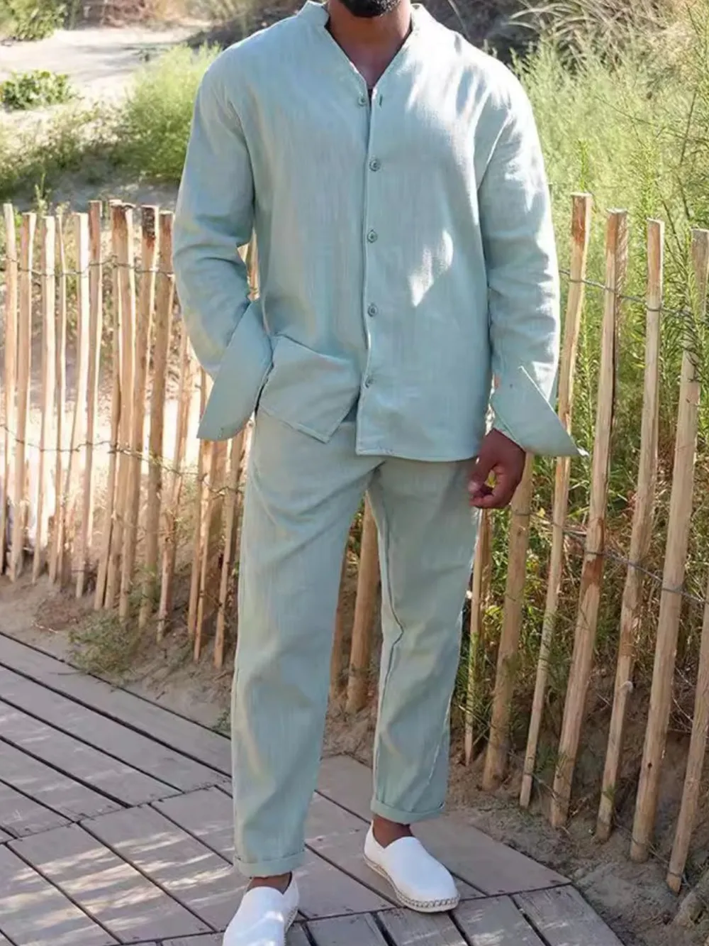Men's Button Up Long Sleeve Top and Pants Set, image 2