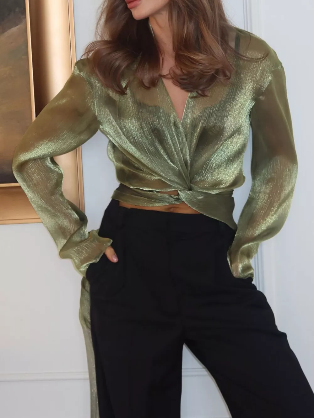 Sheer Front Tie Detail Long Sleeve Shirt, image 3