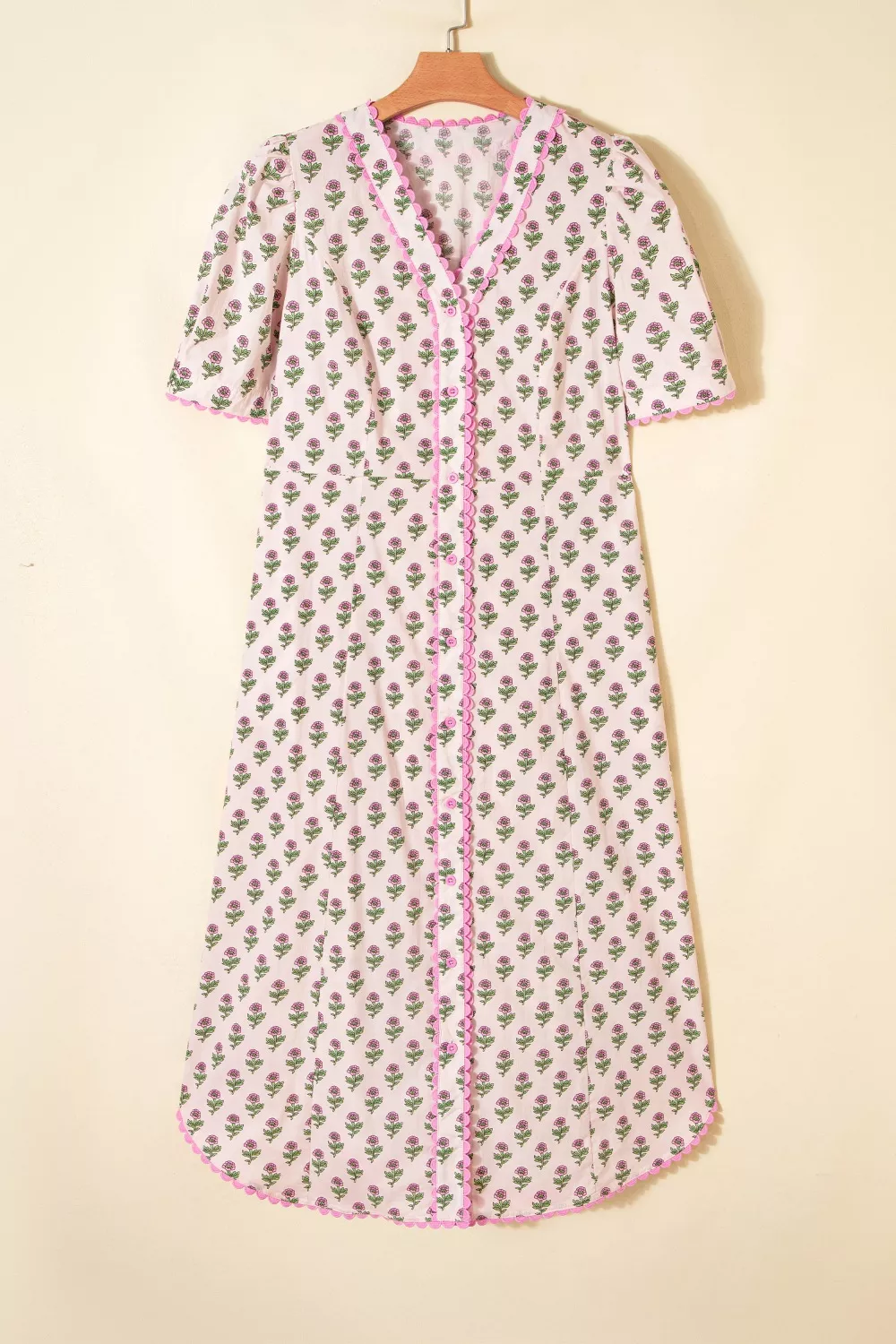 Floral Print V Neck Scallop Trim Button Front Short Sleeve Dress, image 4