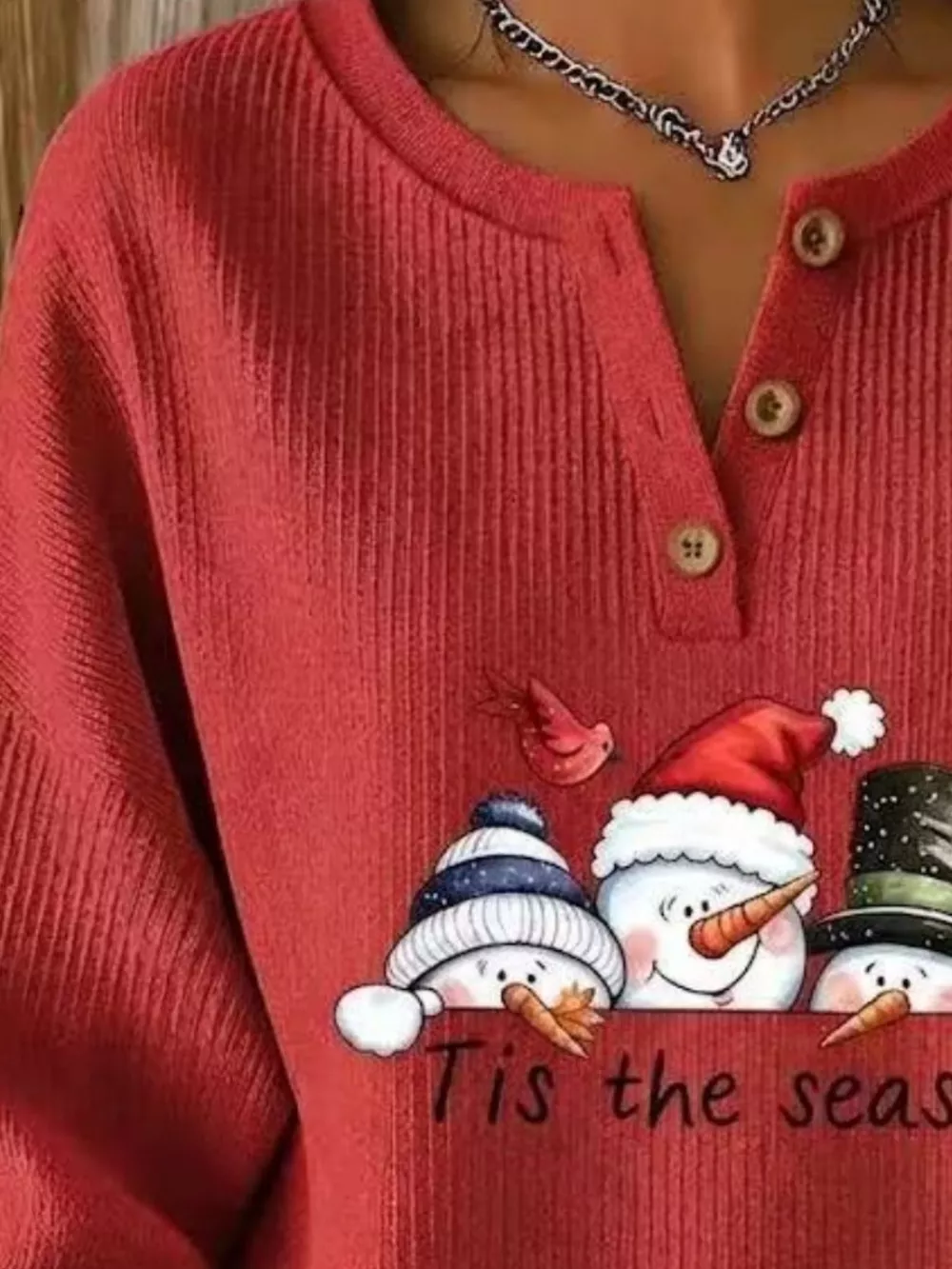 Full Size Christmas Themed Snowman Graphic Ribbed Henley Sweatshirt Plus Size, image 4