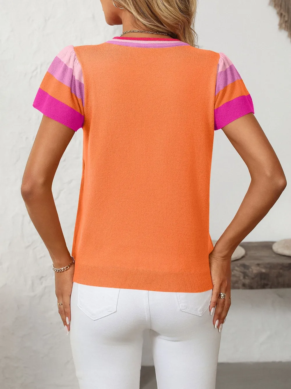 Contrast Round Neck Short Sleeve Knit Top, image 19