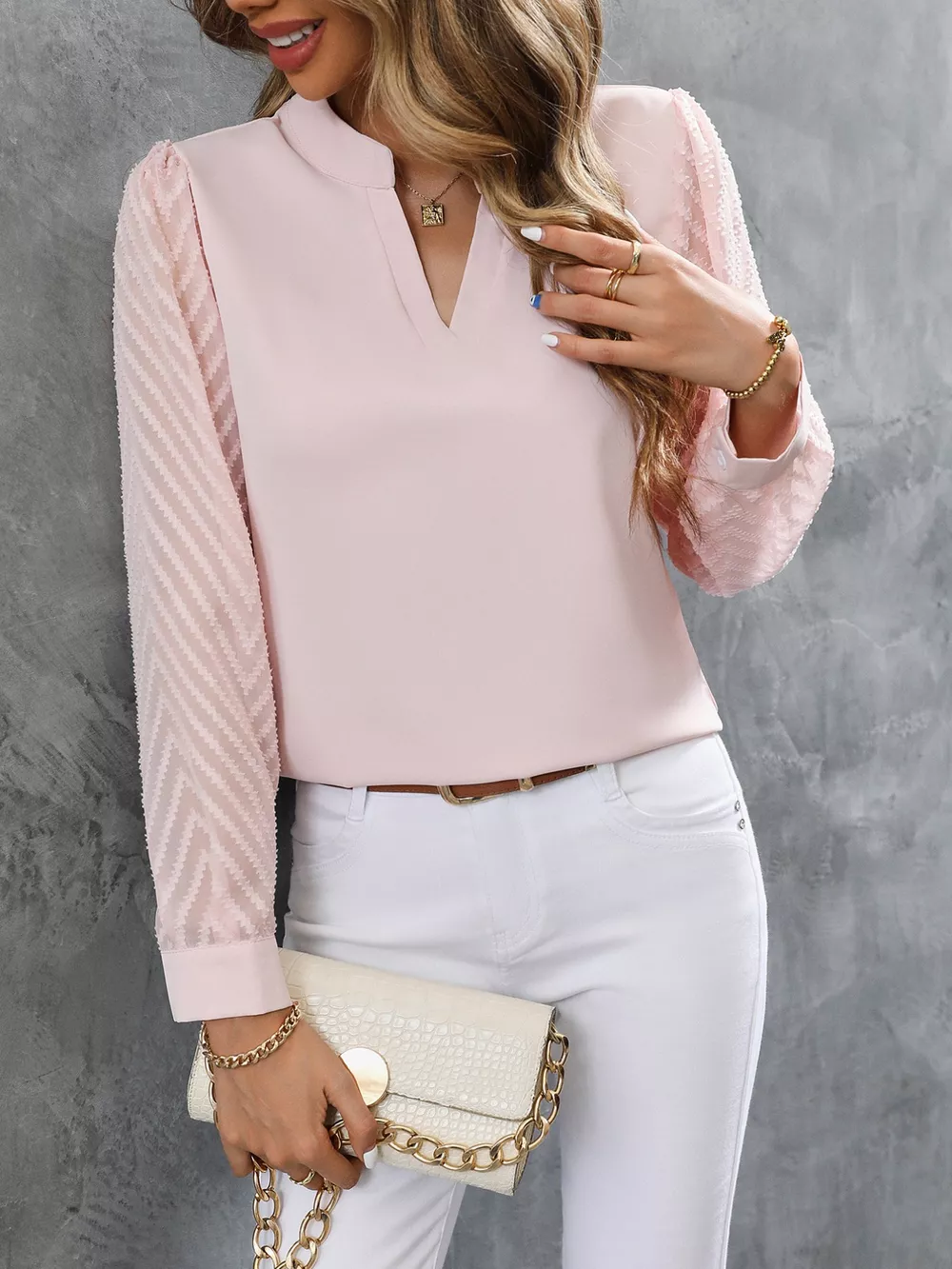 Sheer Sleeve V-Neck Blouse, image 17