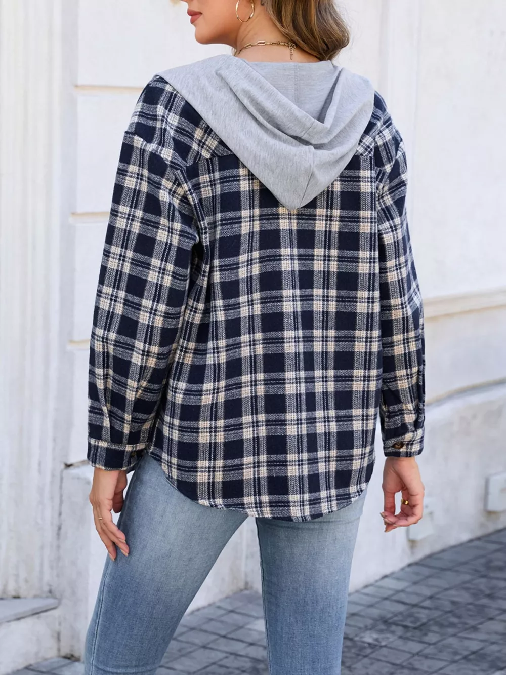 Hooded Plaid Button-Up Shacket, image 6