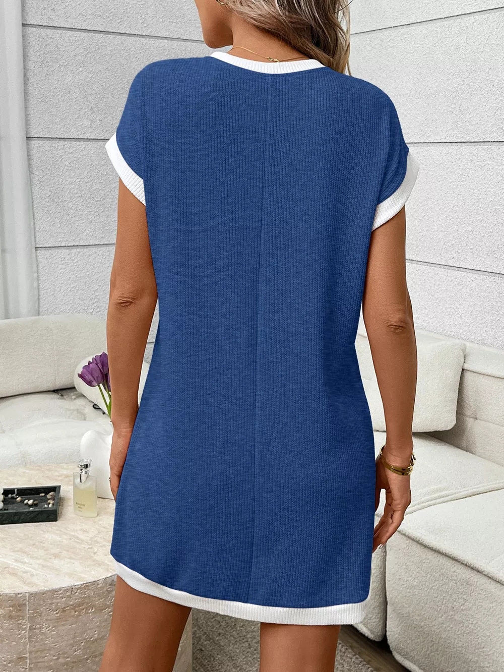 Contrast Trim Ribbed Knit Mini Dress with Pocket, image 25