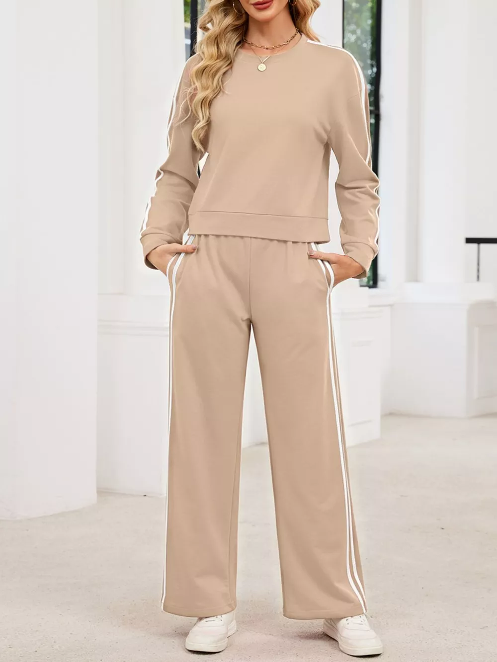 Striped Round Neck Sweatshirt and Pants Set, image 3