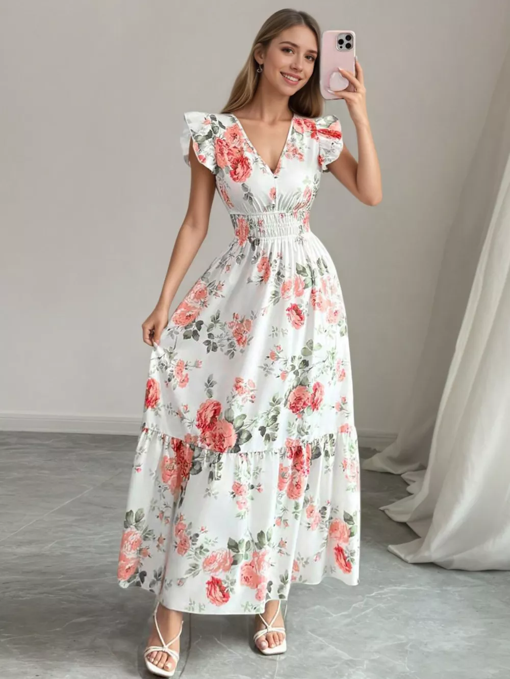 Floral Print Ruffle Sleeve Tiered Maxi Dress, image 5
