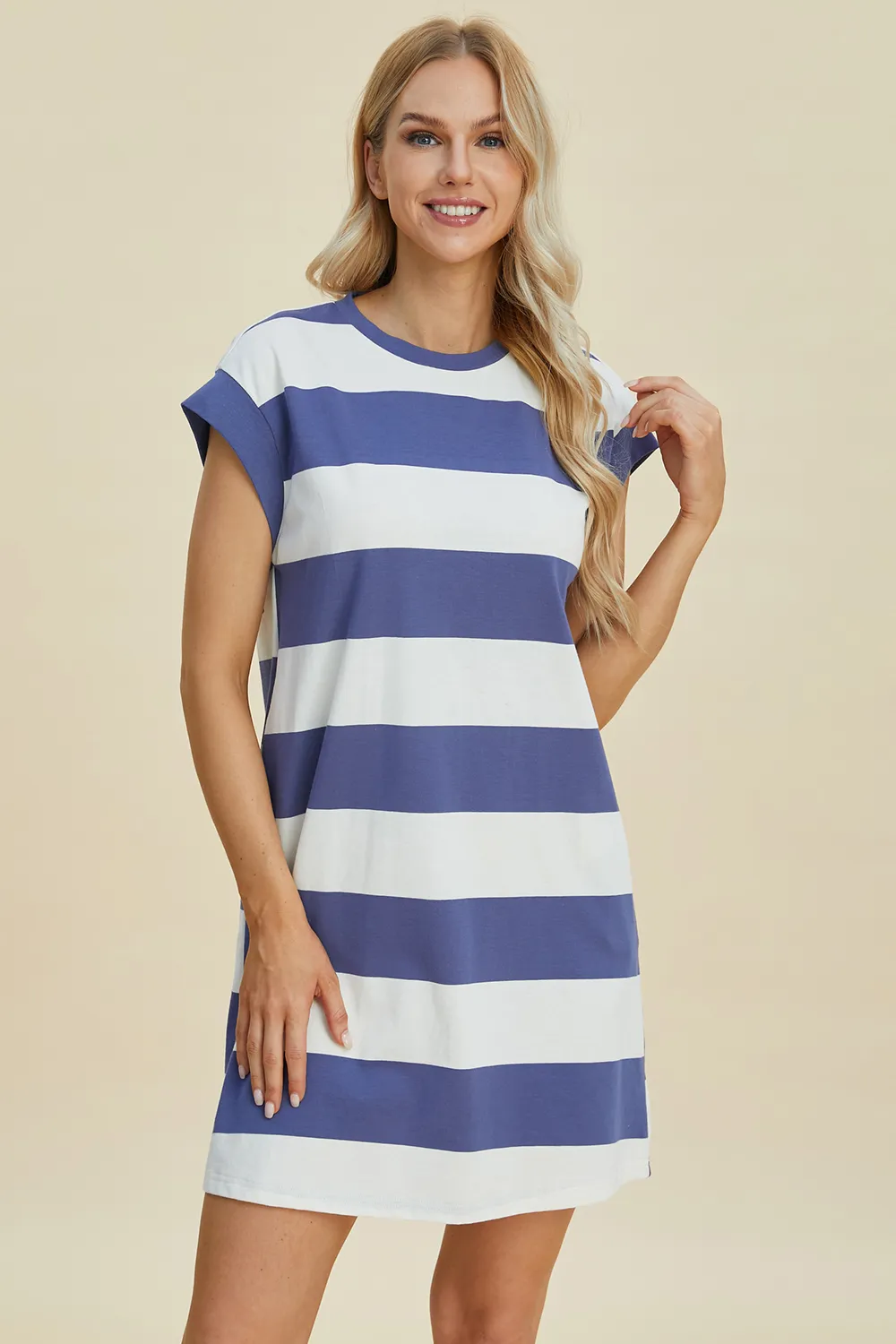 Full Size Striped Round Neck Cap Sleeve Mini Dress, image 22