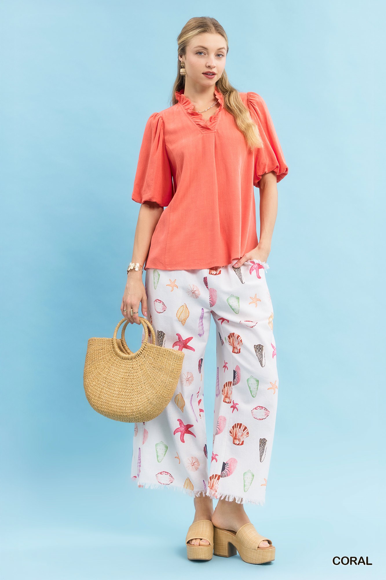 Linen Scallop Trim V-Neck Blouse, image 5