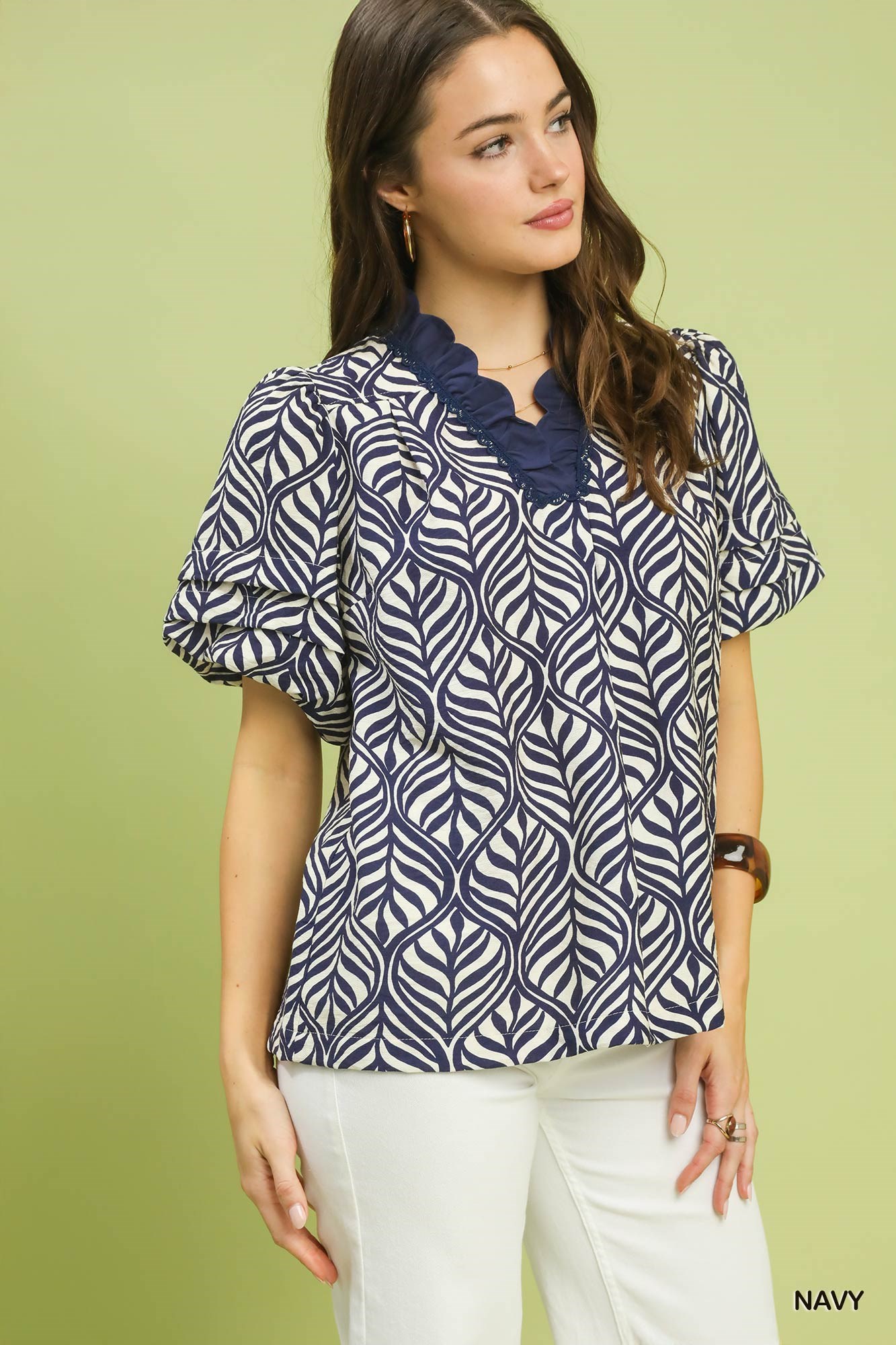 Printed Puff Sleeve Ruffle Neck Top, image 5