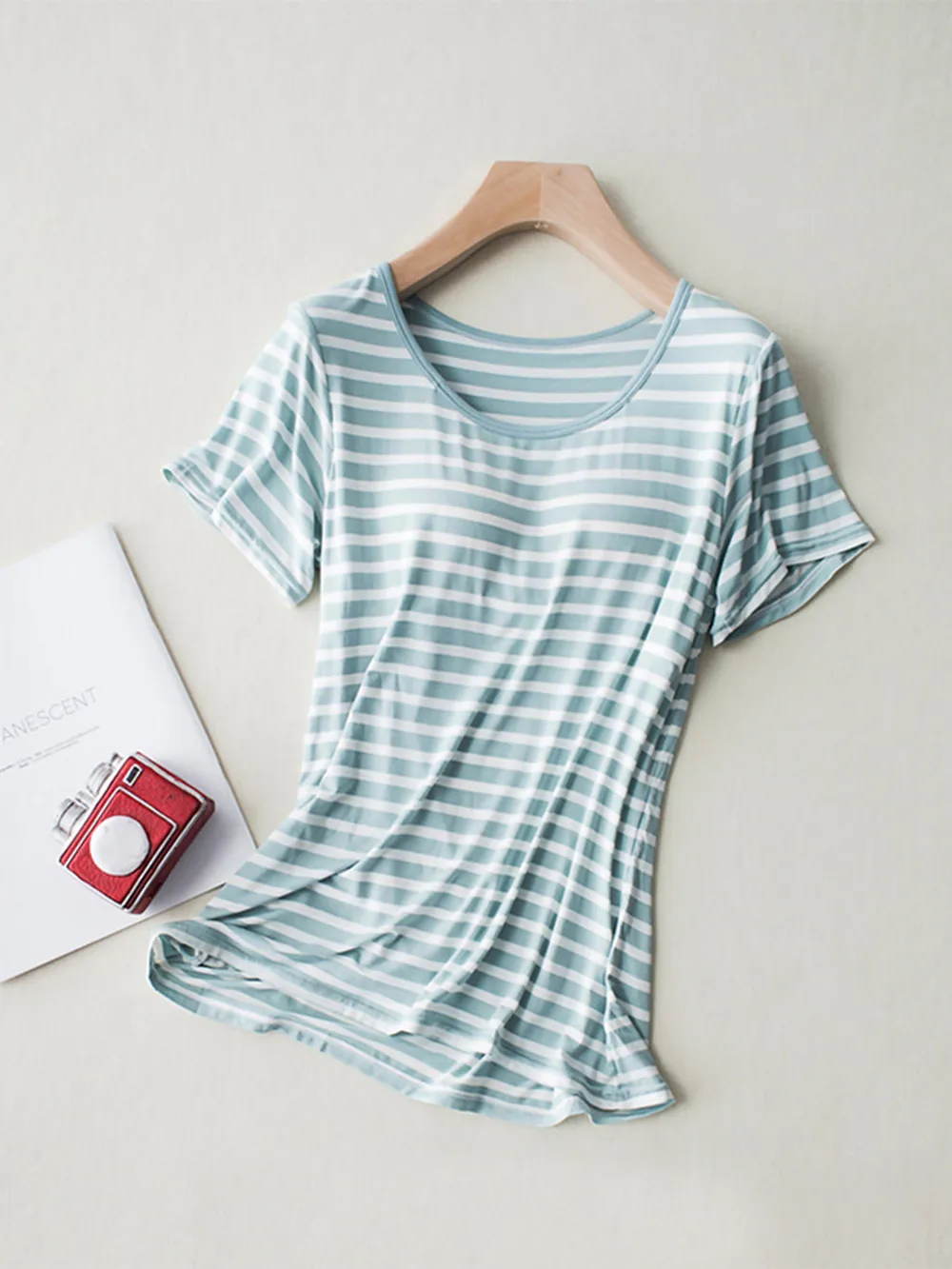 Striped Round Neck Short Sleeve T-Shirt with Bra, image 13